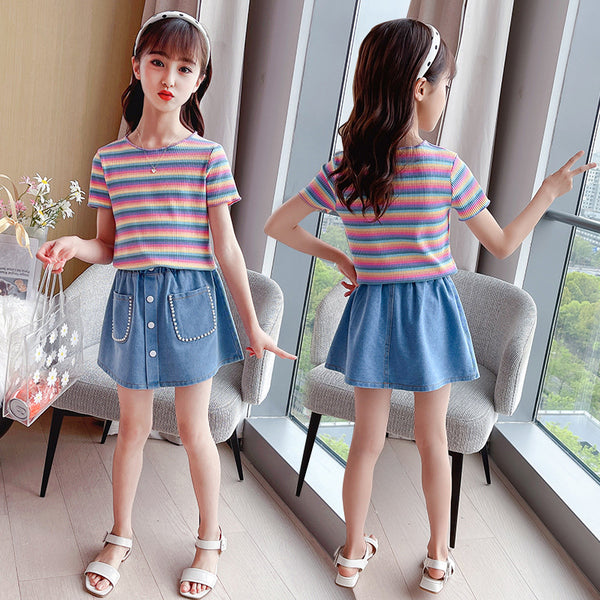 Half Sleeves Rainbow Striped Rib Top With Denim Skirt From 3-9 Years