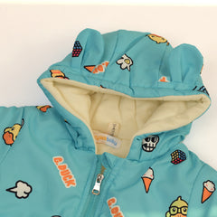 Blue Full Sleeves Overall Printed Rabbit Ears Hooded Jacket From 9 Months-5 Years