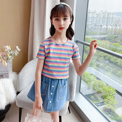 Half Sleeves Rainbow Striped Rib Top With Denim Skirt From 3-9 Years