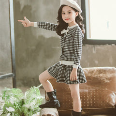 Full Sleeves Front Open Overall  Plaid Printed Bow Attached Top & Skirt Set From 3 - 9 Years