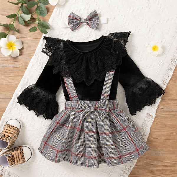 Black Party Wear Truffle Sleeves Top and Skirt with bow From 3 Months-3 Years