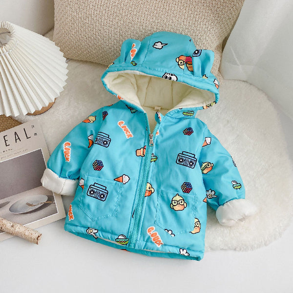 Blue Full Sleeves Overall Printed Rabbit Ears Hooded Jacket From 9 Months-5 Years