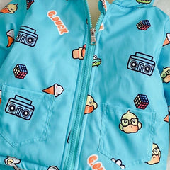 Blue Full Sleeves Overall Printed Rabbit Ears Hooded Jacket From 9 Months-5 Years