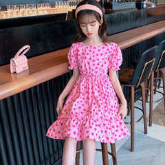 Pink Puff Sleeves Back Bow Love Heart Dress From 3-9 Years