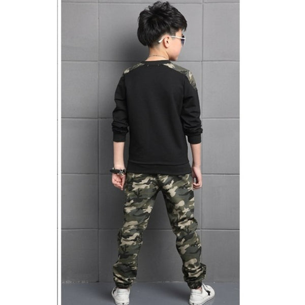 Black Full Sleeves Costume Letter Camouflage Shoulder & Pocket T-Shirt With Camouflage Trousers From 1-9 Years