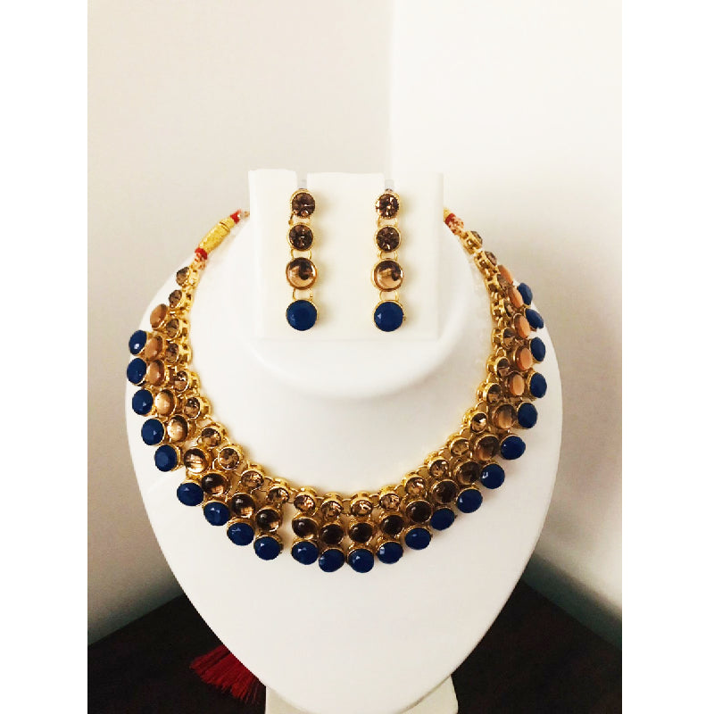 Geetika Gold Polished Aqua Blue Stone Necklace With Stud Earrings - Laura  Designs (India)