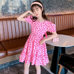 Pink Puff Sleeves Back Bow Love Heart Dress From 3-9 Years