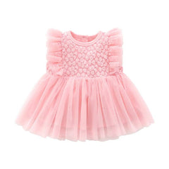 Pink Flutter Sleeves Floral Applique & Net Detailing  Fit & Flare Dress From 3-12 Months