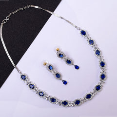 Blue Silver-Plated AD Stone Studded Jewellery Set