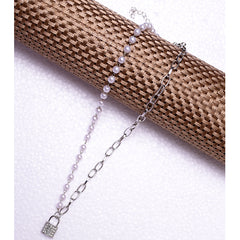 Silver Half Pearl Half Chain Lock Pendant Necklace