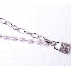 Silver Half Pearl Half Chain Lock Pendant Necklace