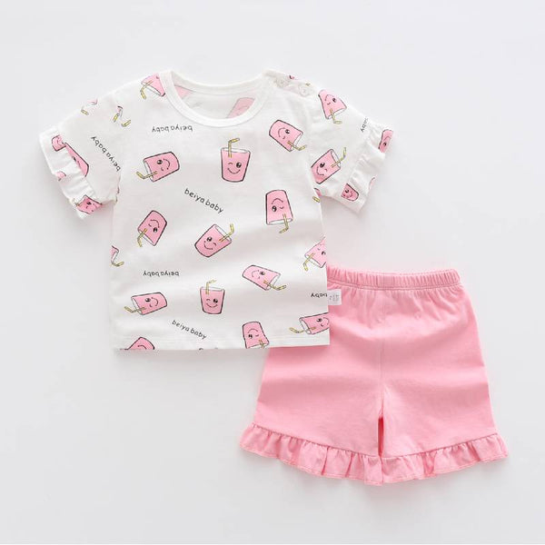 Short Sleeves White Printed Top n Pink Shorts Set From 6 Months-4 Years