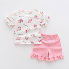 Short Sleeves White Printed Top n Pink Shorts Set From 6 Months-4 Years