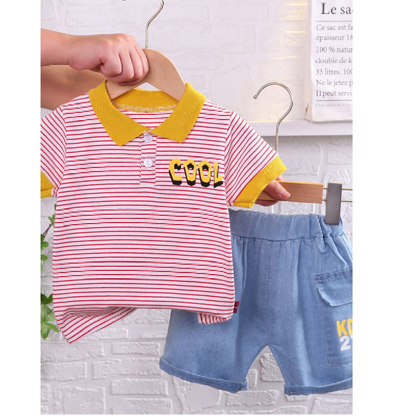 Half Sleeves Striped Colour Blocked Printed T-Shirt & Blue Shorts From 9 Months-3 Years