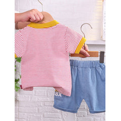 Half Sleeves Striped Colour Blocked Printed T-Shirt & Blue Shorts From 9 Months-3 Years