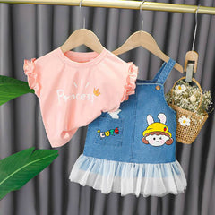 Princess Print Top With Cartoon Print Denim Dungaree Set From 6 Months-4 Years