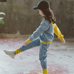 Full Sleeves Colour Blocked Half Denim Autumn Wear Top & Pant Set From 3-9 Years