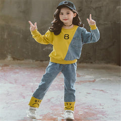 Full Sleeves Colour Blocked Half Denim Autumn Wear Top & Pant Set From 3-9 Years