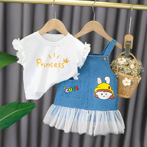 Princess Print Top With Cartoon Print Denim Dungaree Set From 6 Months-4 Years