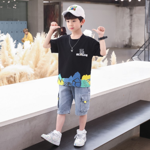 Black Half Sleeves Cartoon Back Printed T-shirt With Blue Denim Shorts From 3-9 Years