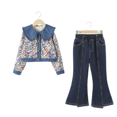 Ful Sleeves Wide Collar Crop Denim Top Raw Hem Flare Bell Bottom Denim Jeans From 3 - 9 Years