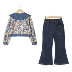 Ful Sleeves Wide Collar Crop Denim Top Raw Hem Flare Bell Bottom Denim Jeans From 3 - 9 Years