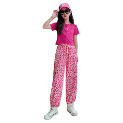 Pink Half Sleeves Crop Top With Loose Printed Pyajama From 3 - 9 Years