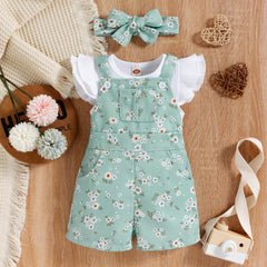 Half Fly Sleeves  Ribbed T-Shirt With Floral Suspender Dungaree & Headband From 9 Months - 5 Years