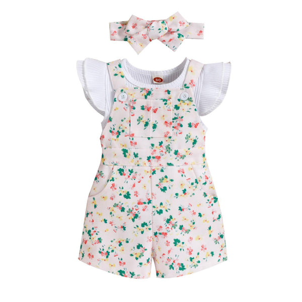 Half Fly Sleeves  Ribbed T-Shirt With Floral Suspender Dungaree & Headband From 9 Months - 5 Years