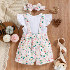 Half Fly Sleeves  Ribbed T-Shirt With Floral Suspender Dungaree & Headband From 9 Months - 5 Years