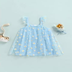 Sleeveless Daisy Floral Overlay Mesh Sling Dress From 3-18 Months