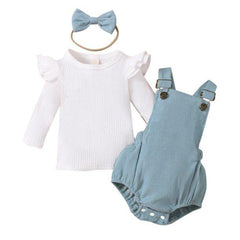 Half Sleeves Ribbed Ruffle Top With Suspender Romper & Headband 3 Months - 2 Years